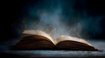Ancient open book glows with magical light and particles evoking wonder and mystery