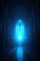 Fototapeta premium Gothic cathedral interior with stone arches and a central window glowing with a bright, blue mystic light