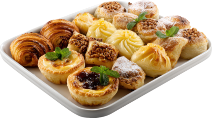 Assortment of sweet pastries and desserts on a white platter isolated on transparent background