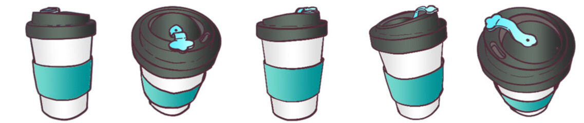 Takeaway Coffee Cup with Lid and Sleeve &ndash; Cute Hand Drawn Reusable Cup Clipart for Cafe, Beverage and Morning Drink Theme