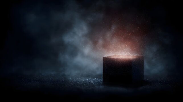 A mysterious dark cube emits a vibrant red glow and luminous particles into a smoky atmospheric void