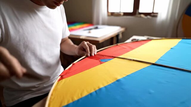Man crafting a colorful kite at a workshop