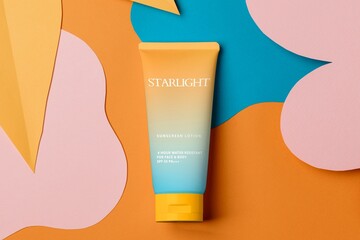 Orange sunscreen tube, tropical beauty product packaging design
