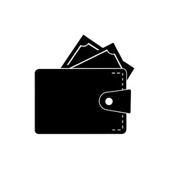 Black wallet with money sticking out icon on transparent background silhouette