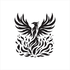 Stylized Phoenix Rising from Flames with Symmetrical Wing Design in Black.