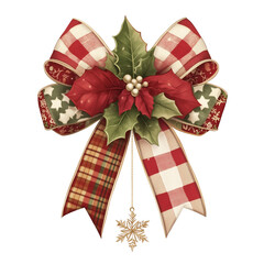 Clip art watercolor Festive Christmas bow with poinsettia, holly, and ribbon featuring plaid and snowflake patterns. Decorative holiday design with a star charm.Transparent Background