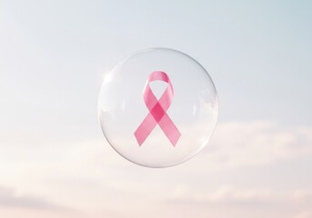 Perfectly centered pink ribbon in a clear, reflective bubble against a serene, soft, pastel sky