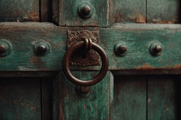 Close-up of an aged, weathered, turquoise-painted wooden door with a metal ring handle