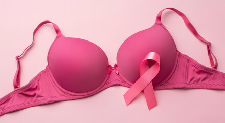 Empowering pink bra with ribbon for breast cancer awareness, hope, support, and early detection