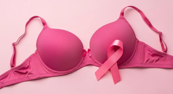 Empowering pink bra with ribbon for breast cancer awareness, hope, support, and early detection - Powered by Adobe