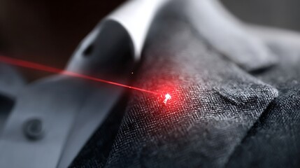 lapel. Extreme close-up of a single red laser dot focused on the texture of a grey wool suit lapel. product launch decks, UI/UX mockups, designed for product launches and innovation pitches.