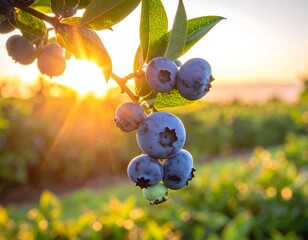 Ripe blueberries on a branch at sunrise
