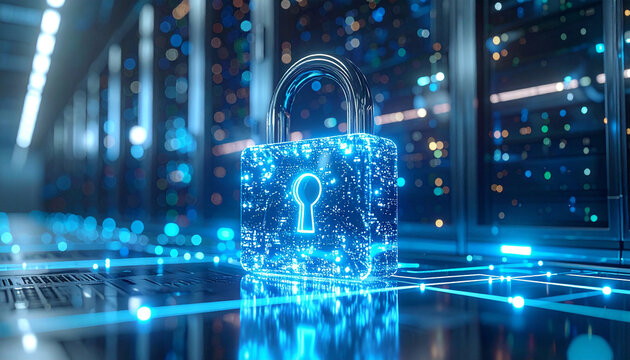 Cybersecurity Fortress: A radiant digital lock glows, symbolizing data protection and network security, set against a backdrop of server infrastructure, portraying digital security.
