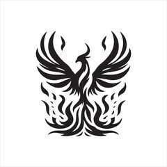 Stylized Phoenix Rising with FlameShaped Feathers in Bold Black Silhouette.