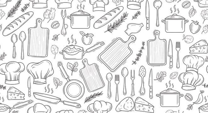 Kitchen utensils and cooking tools pattern isolated on white background