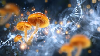 longevity. Bioluminescent mushrooms surrounded by swirling light, representing scientific breakthroughs. STEM education sheets, lab safety posters, designed for biotech research communications.