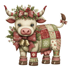 Clip art watercolor Adorable patchwork cow ox wearing a holly wreath and a big bow with golden Christmas bells. Cute holiday animal illustration.Transparent Background