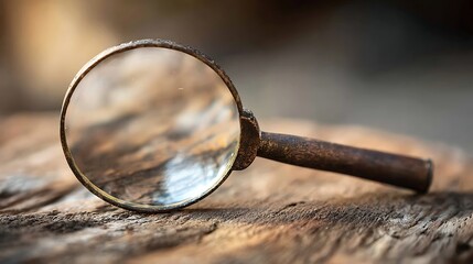 magnifying. A weathered magnifying glass on wood, its lens reflecting distorted shapes with soft focus. STEM education sheets.
