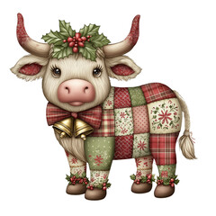 Clip art watercolor Adorable patchwork cow ox wearing a holly wreath and a big bow with golden Christmas bells. Cute holiday animal illustration.Transparent Background