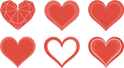 Six red heart icons symbolizing love and romance for Valentine's day designs