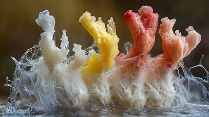Colorful slime mold fruiting bodies, macro photo of bizarre fungi nature