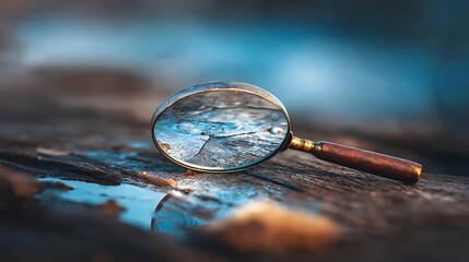 magnifying. A weathered magnifying glass on wood, its lens reflecting distorted shapes with soft focus. STEM education sheets.