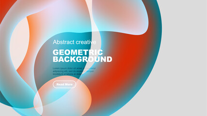 Obraz na płótnie Canvas Abstract fluid shapes overlap, creating vibrant geometric background. Text block present with call to action button.
