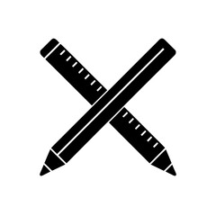Crossed pencil and ruler black silhouette on transparent background