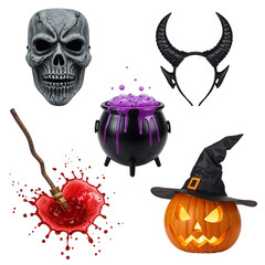 Halloween icons skull cauldron pumpkin horns and bloody apple for spooky festive decor isolated on transparent background