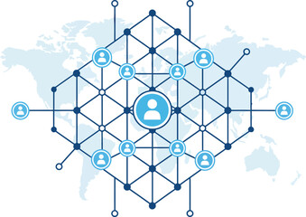 Global network of interconnected people and technology on a digital world map background