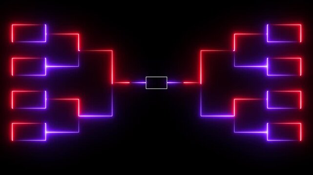 Animation of neon glowing team Tournament bracket templates isolated on black background. Championship bracket schedule for soccer, football, basketball, baseball or tennis.