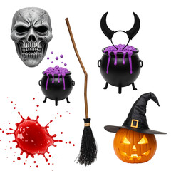 Spooky halloween scene featuring a skull pumpkin witch hat and bubbling cauldrons isolated on transparent background