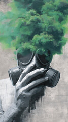 Gas mask green smoke activist protest street art urban graffiti mural pollution toxic