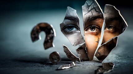 missing. A shattered mirror reflecting different emotional faces instead of memories with missing pieces forming question marks. wellbeing guides.