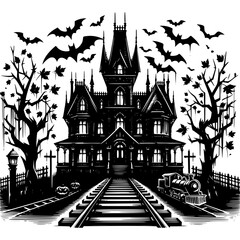 Fototapeta premium Mysterious Mansion Illustration: A spooky and ominous haunted mansion stands silhouetted against a dark sky, with bats swirling above and bare trees casting eerie shadows.