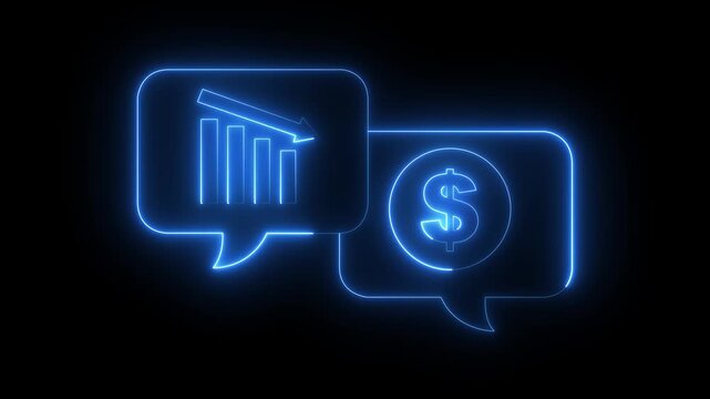 glowing neon down graph icon and dollar icon with black background. dollar coin graph icon and down graph. economic downturn loss or recession business video motion design. - Powered by Adobe