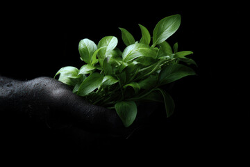 Fresh green leaves hand growth, nature care, eco concept, dark background calm