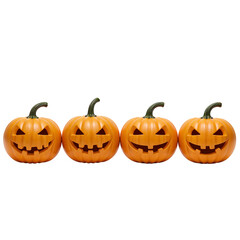 Four scary jack-o'-lanterns in a row celebrating the halloween spirit isolated on transparent background