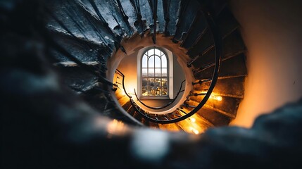 perpetual. A spiral staircase mid-landing viewed from above, archway window showing perpetual dusk outside. real-estate listings.