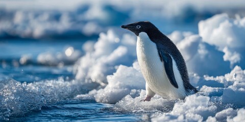 Fototapeta premium Adelie Penguin Surrounded by Ice Floes and Meltwater in the Stunning Antarctic Wilderness Landscape