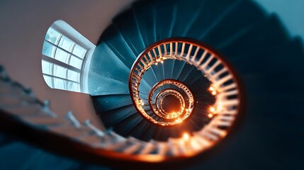 perpetual. A spiral staircase mid-landing viewed from above, archway window showing perpetual dusk outside. real-estate listings.
