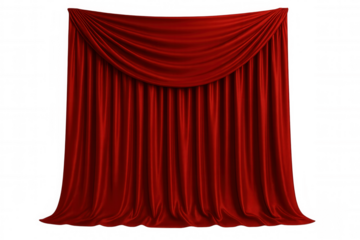 Red theater curtain draping elegantly, stage velvet fabric on transparent background, luxurious drapery