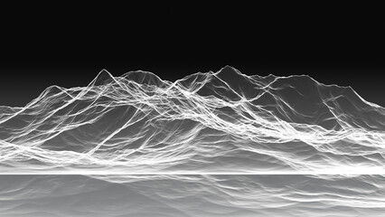 White mountain on a black horizon in the fog. Digital mountain landscape, transparent glowing neon rock, rocky terrain, wallpaper. 3D render.
