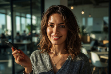 Smiling Businesswoman with Smartphone in Modern Office
