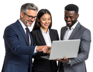 - Team of Diverse Business Professionals Discussing Project Around Laptop, Collaborative Meeting Pose, isolated on transparent background
