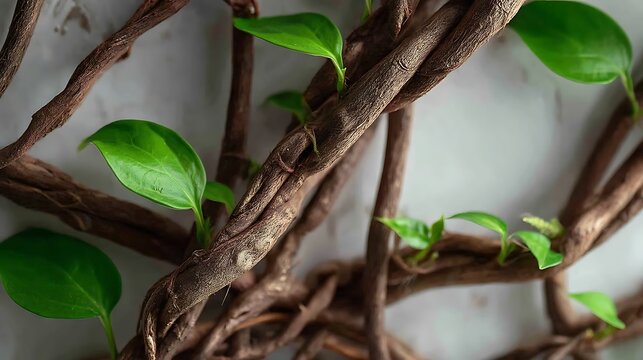 shallow. Network of intertwining vines with new green shoots emerging. gardening catalogs, home-decor guides, botanical posters, designed for home decor and floral branding, used by food bloggers.