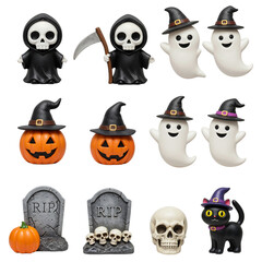 Cute halloween characters collection featuring ghosts skeletons pumpkins and a black cat isolated on transparent background