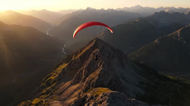 Paraglider flying over mountain peaks during sunset