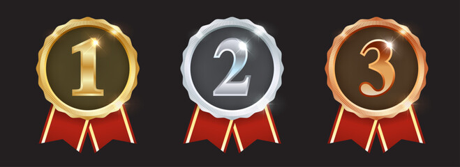 Gold Silver Bronze Medals with Ribbon - Award Emblem Icons for 1st, 2nd, 3rd Place | Winner Podium Symbols