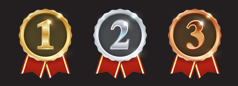 Gold Silver Bronze Medals with Ribbon - Award Emblem Icons for 1st, 2nd, 3rd Place | Winner Podium Symbols